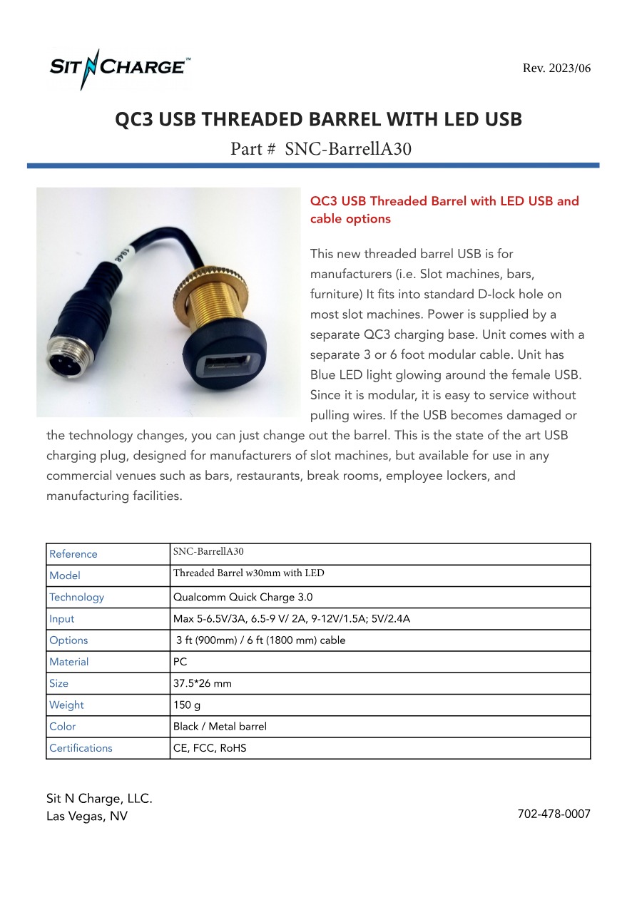 QC3 Threaded Barrel — USB-C (A30) spec sheet preview
