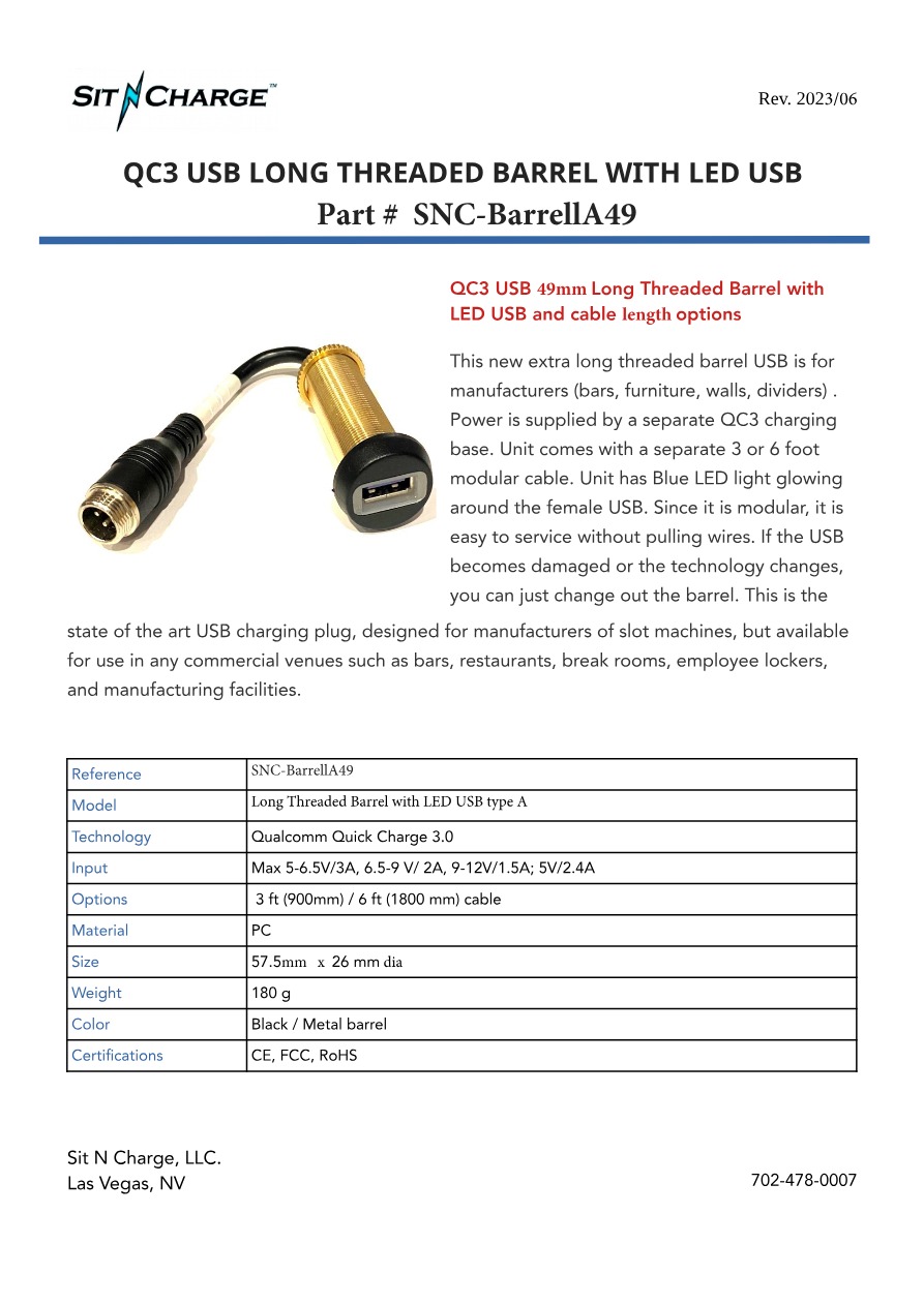 QC3 Threaded Barrel — USB-A (A49) spec sheet preview