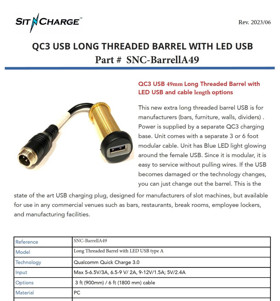 SitNCharge QC3 USB Long Threaded Barrel