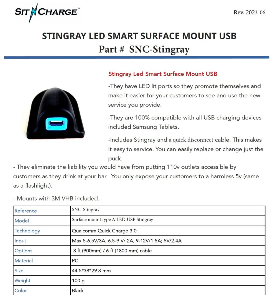 SitnCharge Stingray LED Smart Surface Mount USB